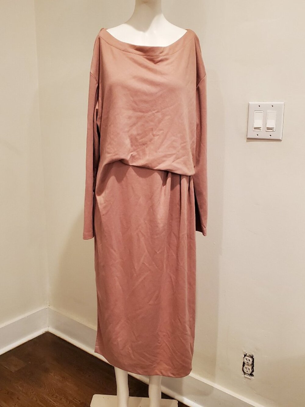 Prologue Womens Mauve Rose Long Sleeve Boatneck Midi Dress L Side Slits Stretch